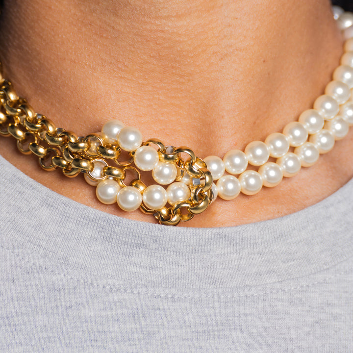 NECKLACE Chain and Pearls Knotted - Gold